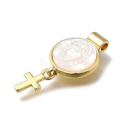 Brass Pave Natural White Shell Flat Round with Cross Pendants KK-C090-40G-04-1