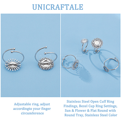 Unicraftale 4Pcs 4 Styles 304 Stainless Steel Open Cuff Ring Findings STAS-UN0049-03-1