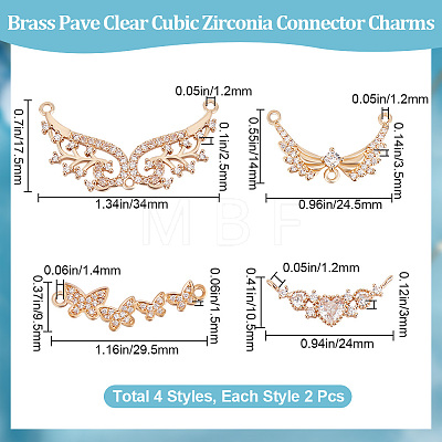 8Pcs 4 Style Brass Pave Clear Cubic Zirconia Links ZIRC-BBC0001-49-1