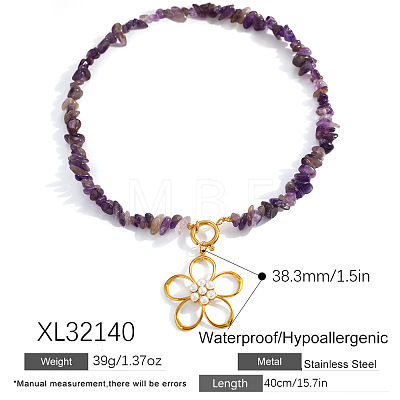 Summer Faux Pearl 304 Stainless Steel Flower Pendant Natural Amethyst Chip Beaded Necklaces for Women WGDF0A1-01-1