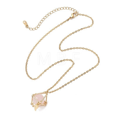 Brass Macrame Pouch Natural Rose Quartz Inside & 304 Stainless Steel Pendant Necklaces for Women NJEW-JN05607-02-1