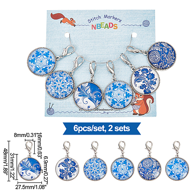 Glass Flat Round with Blue and White Porcelain Pattern Charm Locking Stitch Markers HJEW-PH01782-1