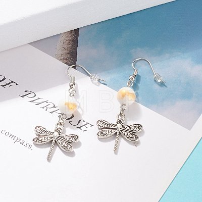 Round Natural Mashan Jade with Alloy Dragonfly Dangle Earrings EJEW-JE04855-03-1