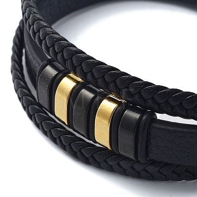 Men's Black PU Leather Cord Multi-Strand Bracelets BJEW-K243-49G-1