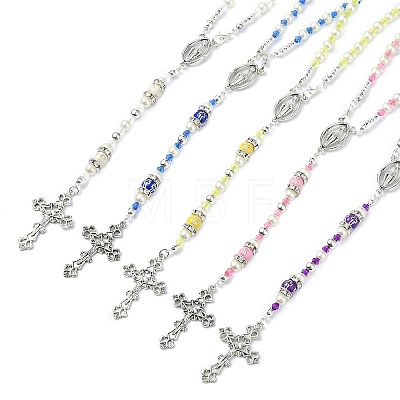 Cross & Virgin Mary Alloy Rosary Bead Necklaces NJEW-JN05123-1