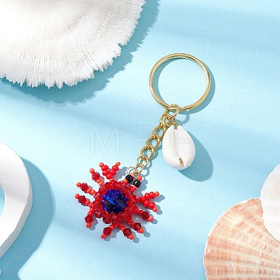 Crab Glass Seed Beads Pendant Keychain HJEW-MZ00106-01-1