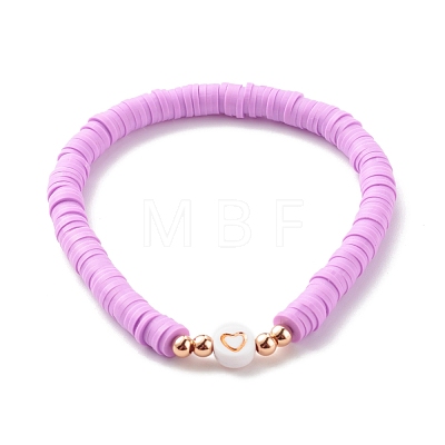 Handmade Polymer Clay Heishi Beads Stretch Bracelets Set with Heart Patter Beads for Women BJEW-JB07450-1