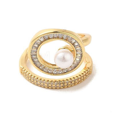 Ring Brass Micro Pave Clear Cubic Zirconia with Resin Pearl Cuff Rings for Women RJEW-G311-02B-G-1