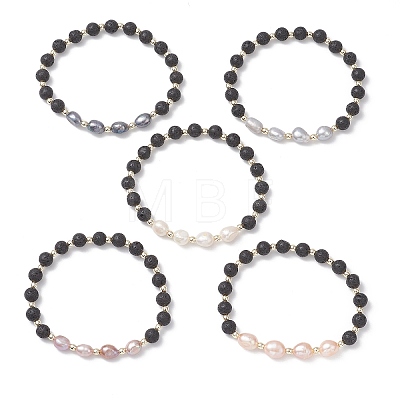 Natural Lava Rock & Cultured Freshwater Pearl Beads Stretch Bracelets for Women BJEW-JB12868-1