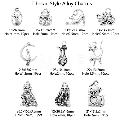 100Pcs 10 Styles Tibetan Style Alloy Kitten Pendants TIBEP-CJ0001-73-1
