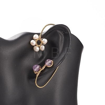 Natural Amethyst & Pearl Braided Flower Cuff Earrings EJEW-JE04957-01-1