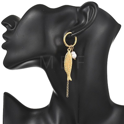 Natural Cultured Freshwater Pearl & 304 Stainless Steel Fish Charm Dangle Earrings for Women EJEW-JE07142-1
