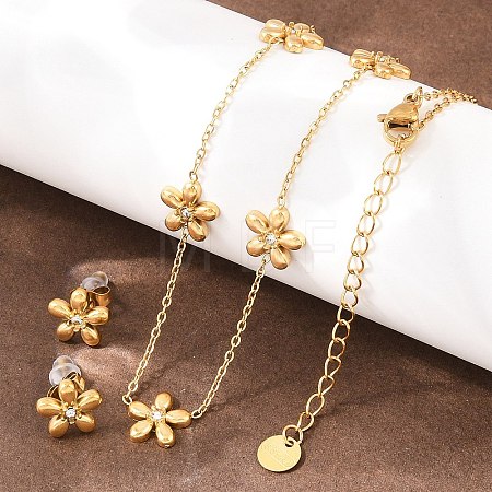 Flower 304 Stainless Steel Rhinestone Necklaces & Stud Earrings Sets for Women SJEW-K003-02G-1