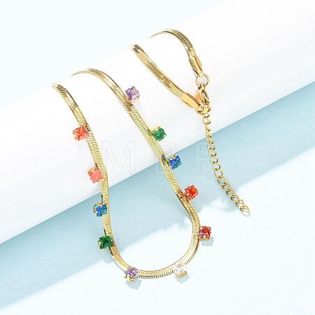 304 Stainless Steel Flat Snake Chain Necklaces with Square Cubic Zirconia NJEW-P355-02G-02-1