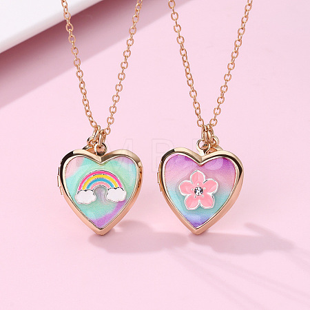 2Pcs 2 Styles Alloy Enamel Rainbow Flower Heart Photo Locket Pendant BFF Necklaces WG3E2EF-01-1