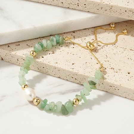 Natural Freshwater Pearl and Natural Green Aventurine Chip Beaded Adjustable Brass Box Chain Slider Bracelets for Women PS0343-1-1