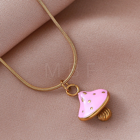 Autumn 304 Stainless Steel Enamel Pink Mushroom Pendant Necklaces for Women Men LI8986-1