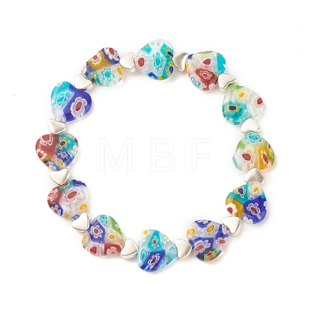 Handmade Millefiori Lampwork & Alloy Heart Beaded Stretch Bracelet BJEW-JB08042-03-1