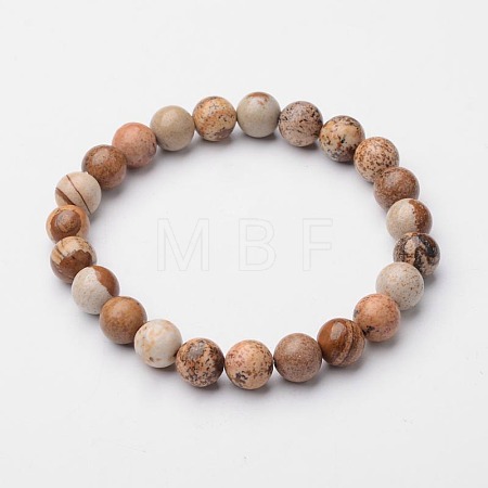 Natural Picture Jasper Round Beaded Stretch Bracelets BJEW-F203-03-1
