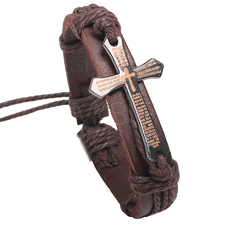 Adjustable Cross with Word Iron Braided Leather Cord Bracelets BJEW-P0001-02A-1