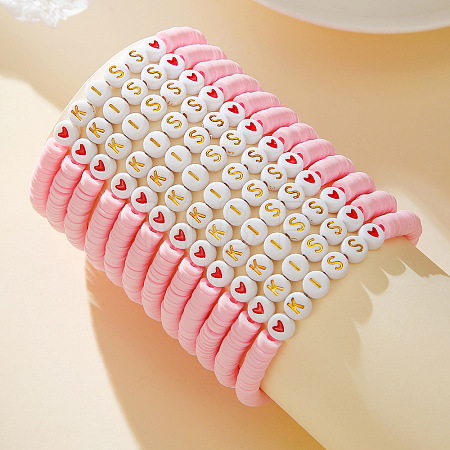 12Pcs Valentine's Day Polymer Clay & Acrylic Beaded Stretch Bracelets Set for Women FS-WG6B295-01-1