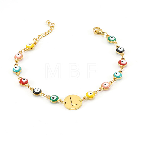 Colorful 304 Stainless Steel & Evil Eye Enamel Flat Round Link Bracelets FS-WGB13F5-12-1