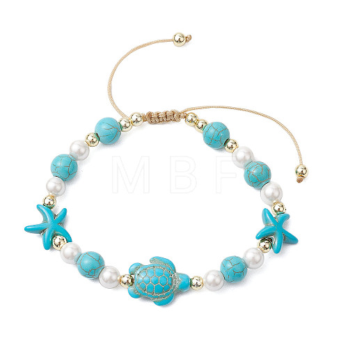 Starfish & Turtle Synthetic Turquoise Braided Bead Bracelets BJEW-JB11047-01-1