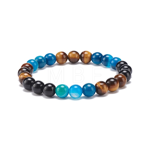 Natural Agate & Tiger Eye & Black Onyx Round Beaded Stretch Bracelet BJEW-JB08400-02-1