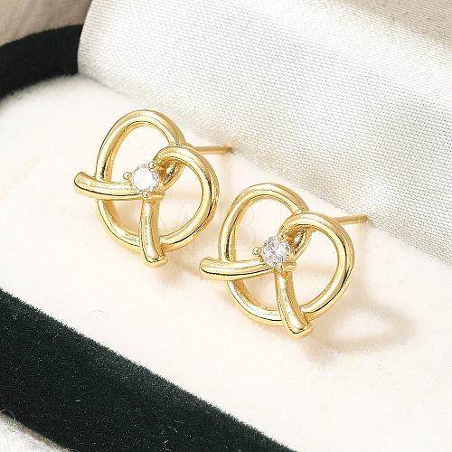 Rack Plating Heart Brass Micro Pave Clear Cubic Zirconia Stud Earrings EJEW-H143-17G-1