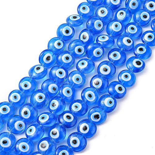 Flat Round Evil Eye Lampwork Bead Strands LAMP-R118-05-1