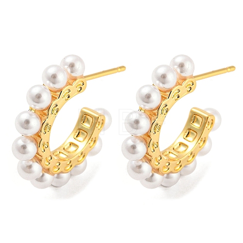 Brass Ring Stud Earrings with Plastic Pearl Beaded EJEW-Q785-22G-1