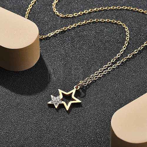 304 Stainless Steel Crystal Rhinestone Double Star Pendant Cable Chain Necklaces NJEW-Z056-02A-G-1