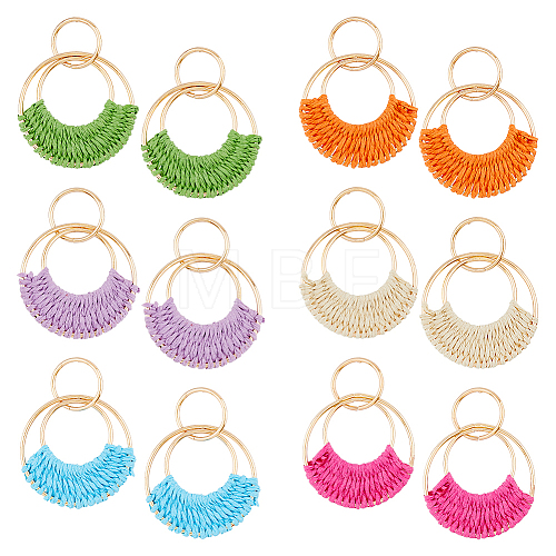 FIBLOOM 6 Pairs 6 Colors Raffia Grass Braided Flat Round Dangle Stud Earrings for Women EJEW-FI0002-25-1