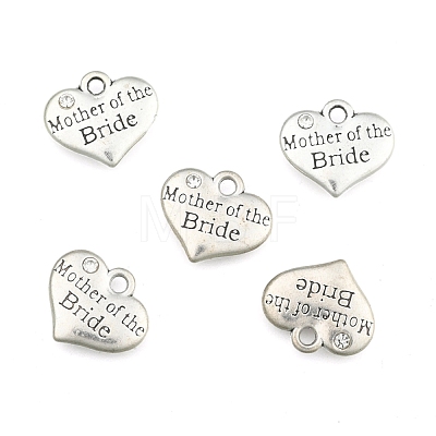 Wedding Theme Antique Silver Tone Tibetan Style Alloy Heart with Mother of the Bride Rhinestone Charms TIBEP-N005-18B-1