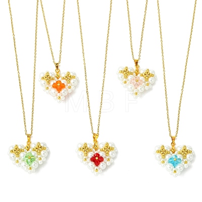 Imitate Austrian Crystal Bicone Glass & Glass Pearl Beaded Heart Pendant 304 Stainless Steel Cable Chain Necklaces for Women NJEW-MZ00154-1