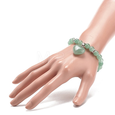 Natural Green Aventurine Round Beaded Stretch Bracelet with Heart Charm BJEW-JB09019-05-1