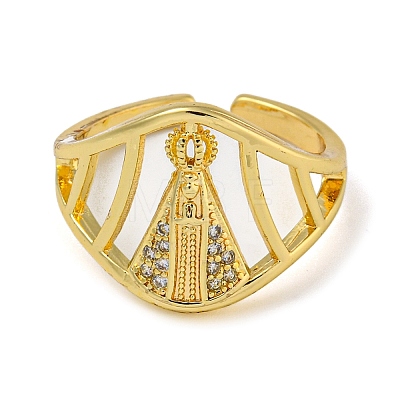 Virgin Mary Hollow Brass Micro Pave Cubic Zirconia Open Cuff Rings for Women RJEW-Z050-19G-1