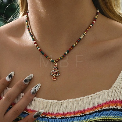 Christmas Alloy Enamel Pendant Colorful Glass Seed Beaded Necklaces FS-WG695D6-01-1