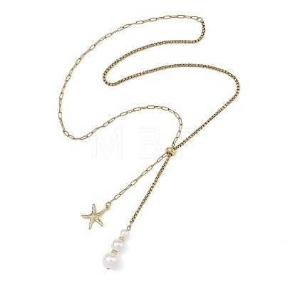 Summer Beach 304 Stainless Steel Starfish Pendant Lariat Necklaces with Shell Pearl NJEW-JN06604-01-1