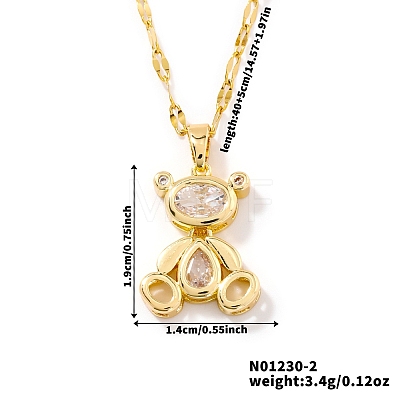 Brass Pave Clear Cubic Zirconia Cute 3D Bear Pendant Necklaces for Women CY9372-2-1