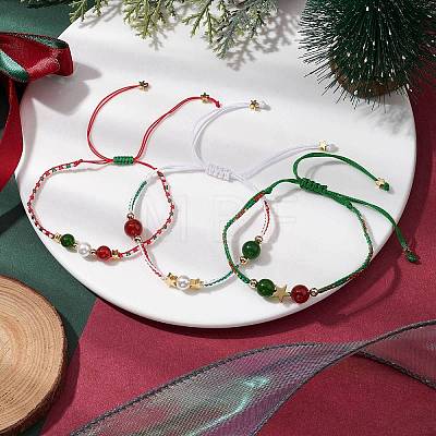 3Pcs 3 Styles Christmas 8mm Round Dyed Natural Malaysia Jade & Natural Carnelian & Glass Seed Beads Braided Bead Bracelets BJEW-MZ00070-1