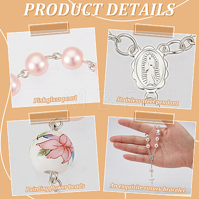 50Pcs Plastic Imitation Pearl and Porcelain Round Link Metal Virgin Cross Charm Rosary Bracelets BJEW-WA0001-07B-1
