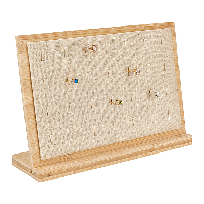 28-Slot Wooden Slant Back Jewelry Ring Organizer Display Stands with Linen Cloth Mat ODIS-WH0043-266-1
