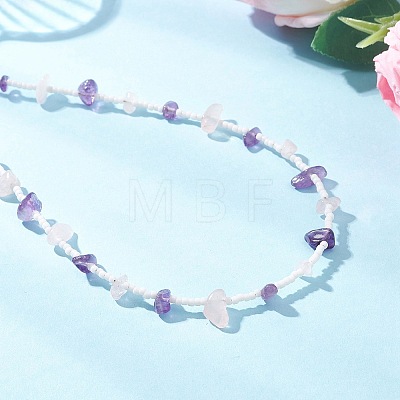 Natural Amethyst & Rose Quartz Chip & Glass Seed Baeded Necklaces for Women NJEW-JN05603-03-1