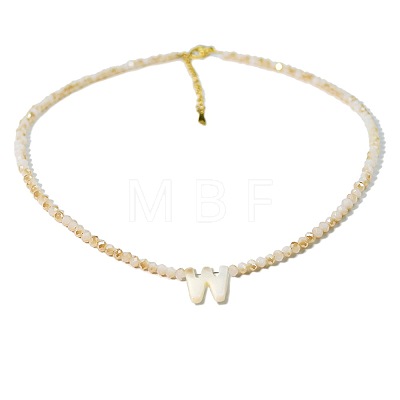 Natural White Shell Letter Faceted Glass Beaded Necklaces with 304 Stainless Steel End Chains SS7282-22-1