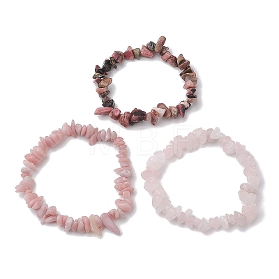 3Pcs Natural Rose Quartz & Natural Rhodonite & Natural Pink Opal Chip Beaded Stretch Bracelet Sets BJEW-JB10858-1