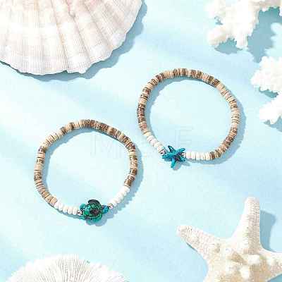 Sea Turtles and Starfish Coconut Beads Bracelets BJEW-JB11882-1