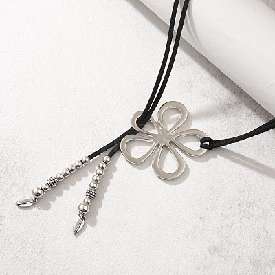 Flower Hollow Flower Bohemian Style Alloy Pendant Black Faux Suede Cord Lariat Necklaces for Women FS-WG7C28D-01-1