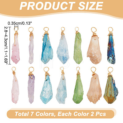 14Pcs 7 Colors Electroplated Natural Quartz Crystal Copper Wire Wrapped Pendants PALLOY-AB00205-1