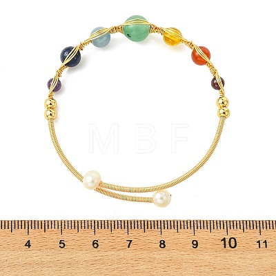 Chakra Herringbone Wire-Wrapped Gemstone Brass Cuff Bangles BJEW-JB14035-1